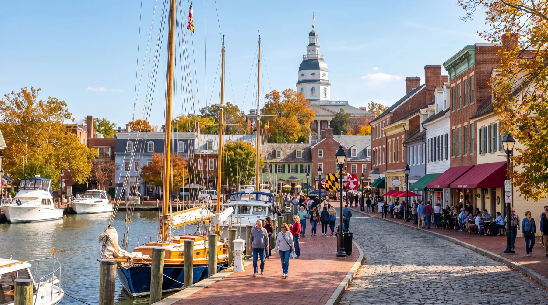 A stylized view of the Annapolis waterfront promenade, with sailboats at the dock and the Maryland State House dome rising over the rooftops