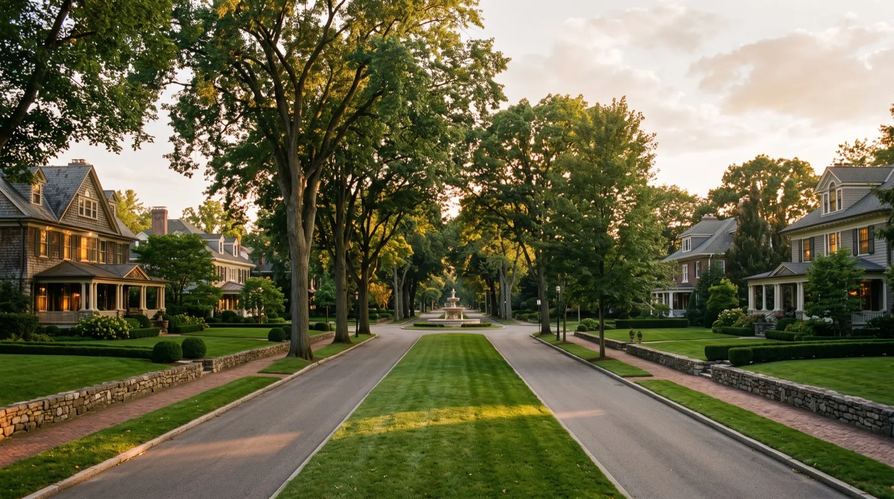 A stylized golden-hour view down a broad tree-lined Chevy Chase boulevard, with grand early-1900s homes set back behind deep lawns under mature oaks