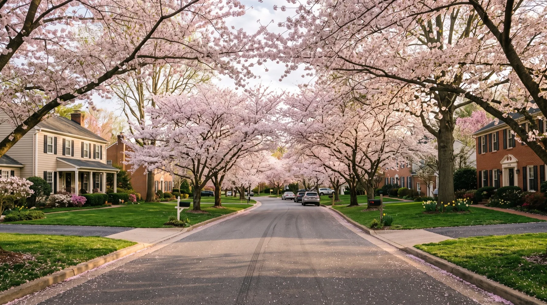 A stylized spring scene of cherry blossoms arching over a tree-lined Crofton parkway, colonial homes behind green lawns