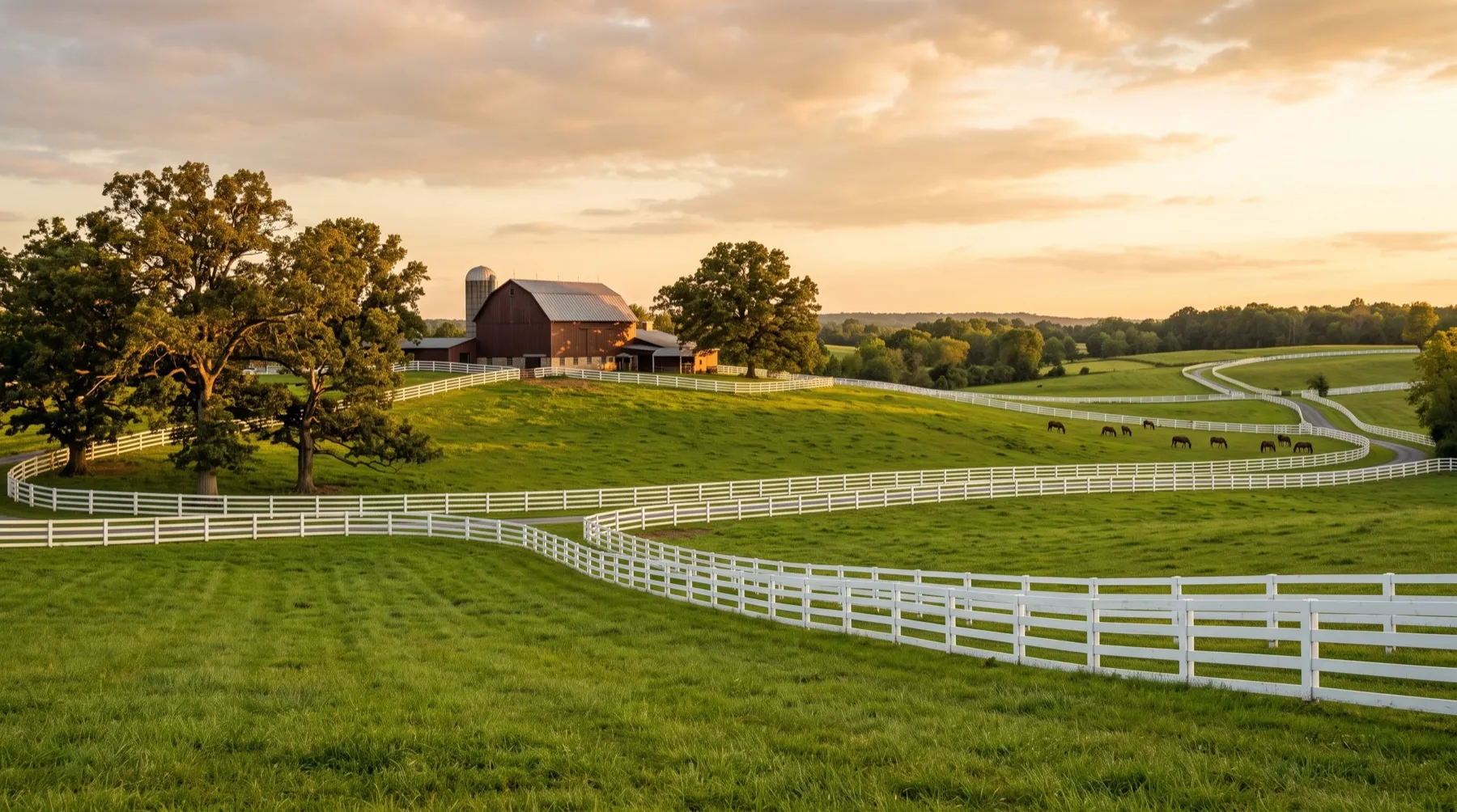 A stylized golden-hour scene of rolling Davidsonville horse pasture with white board fences, a barn and old oaks