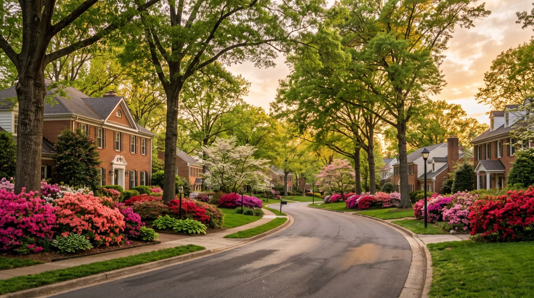 A stylized spring scene of azaleas blooming in pinks and corals around brick homes on a leafy Glenn Dale street