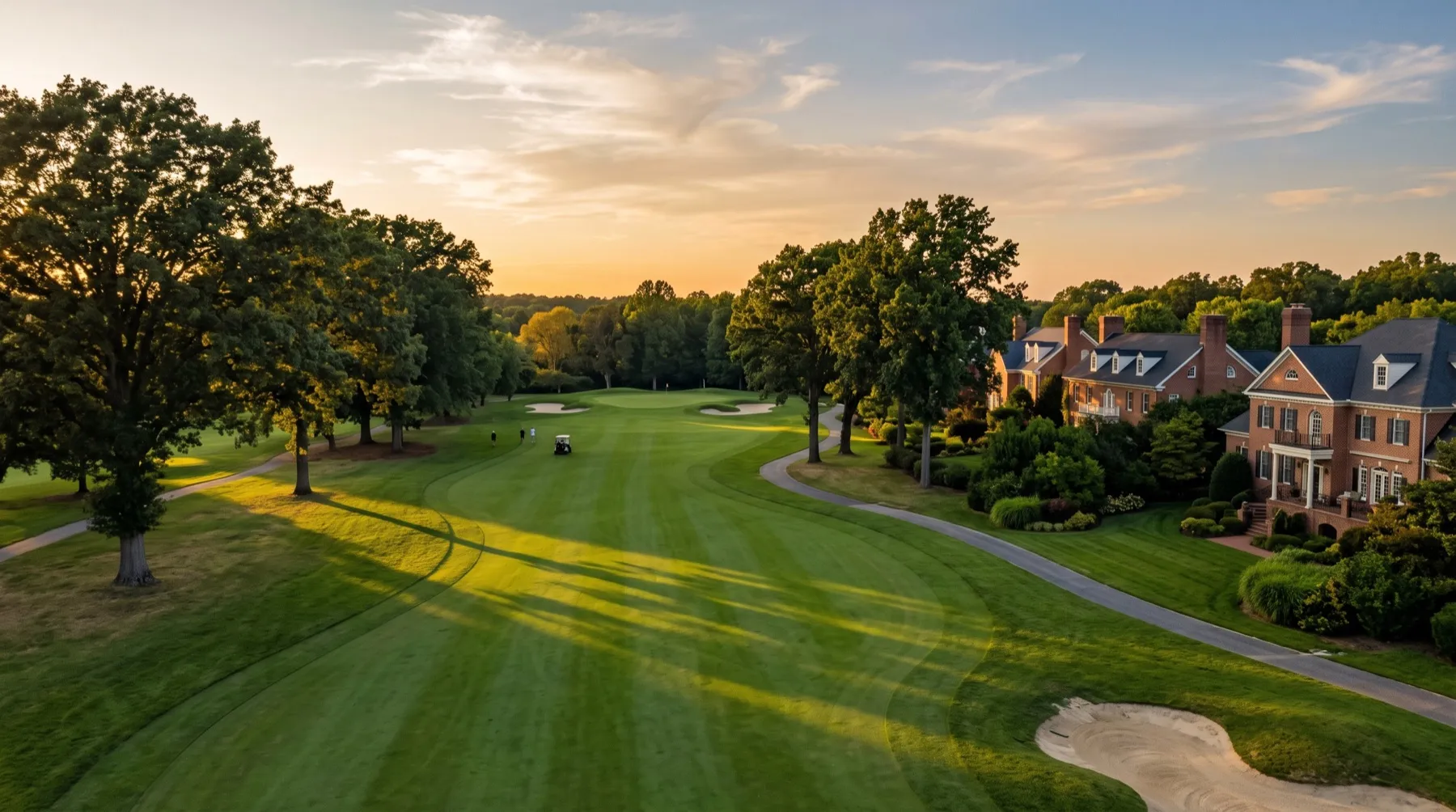 A stylized golden-hour scene of a manicured fairway edged by stately brick homes and mature oaks in Mitchellville