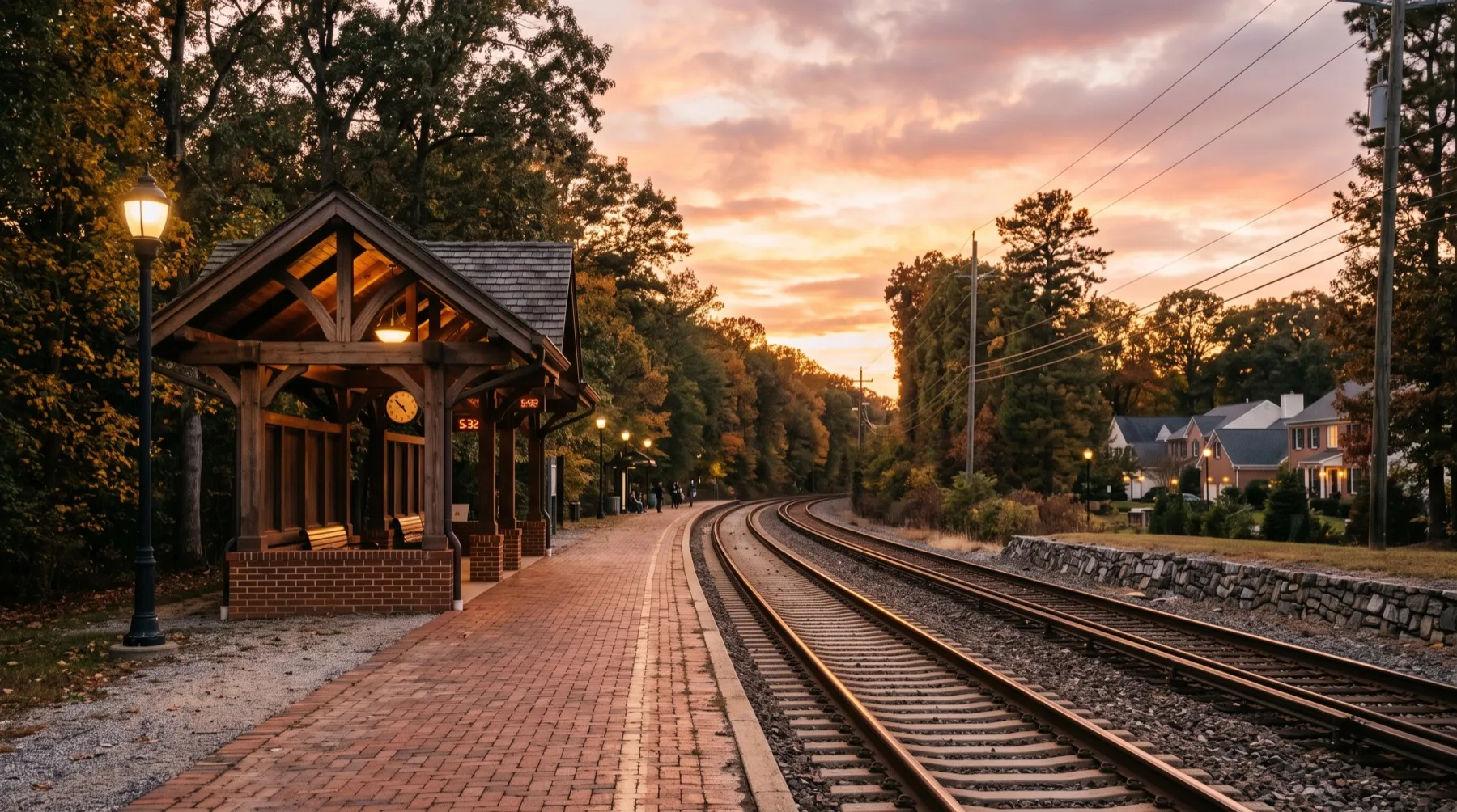 A stylized golden-hour scene of a small commuter rail platform in Odenton, rails curving away into the trees