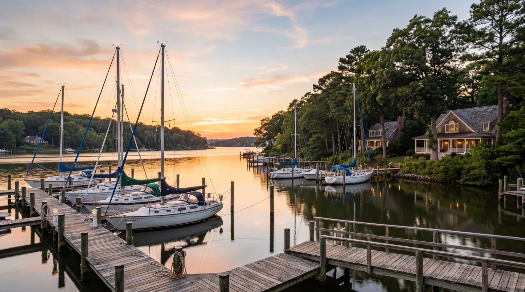 A stylized golden-hour scene of sailboats at wooden docks on the Magothy River, waterfront homes among the trees