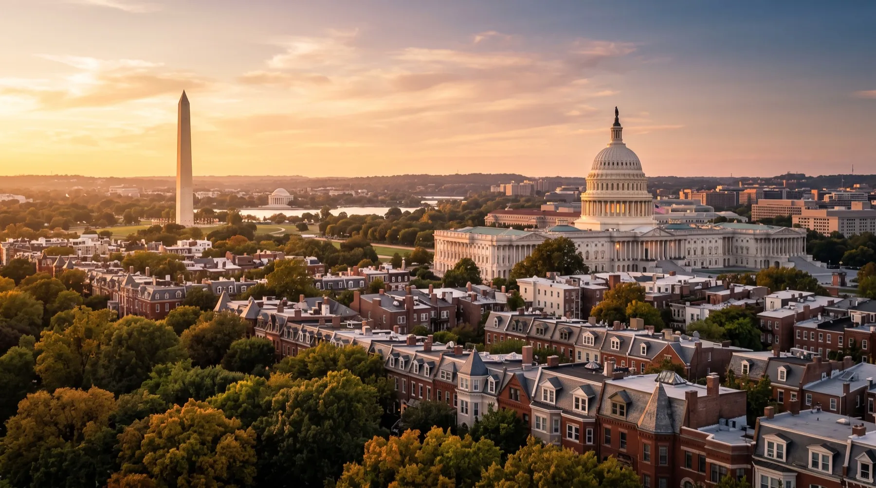 A stylized golden-hour view over Washington DC rooftops with the Capitol dome and Washington Monument in warm evening light